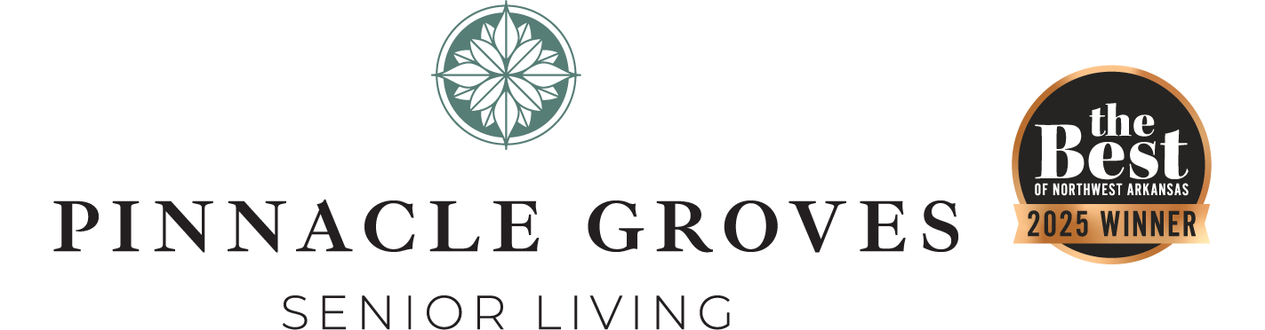 Pinnacle Groves Senior Living logo and a “Best of Northwest Arkansas 2025 Winner” award badge displayed to the right.